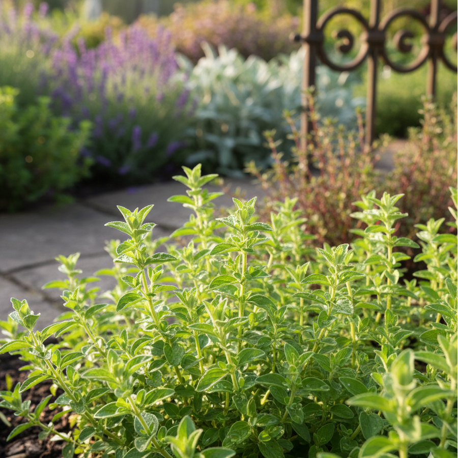A lush Marjoram Sweet plant from Bishy Barnabees Cottage Garden thrives in a sunny bed, surrounded by herbs and flowers, with a stone path and metal railing in the background.