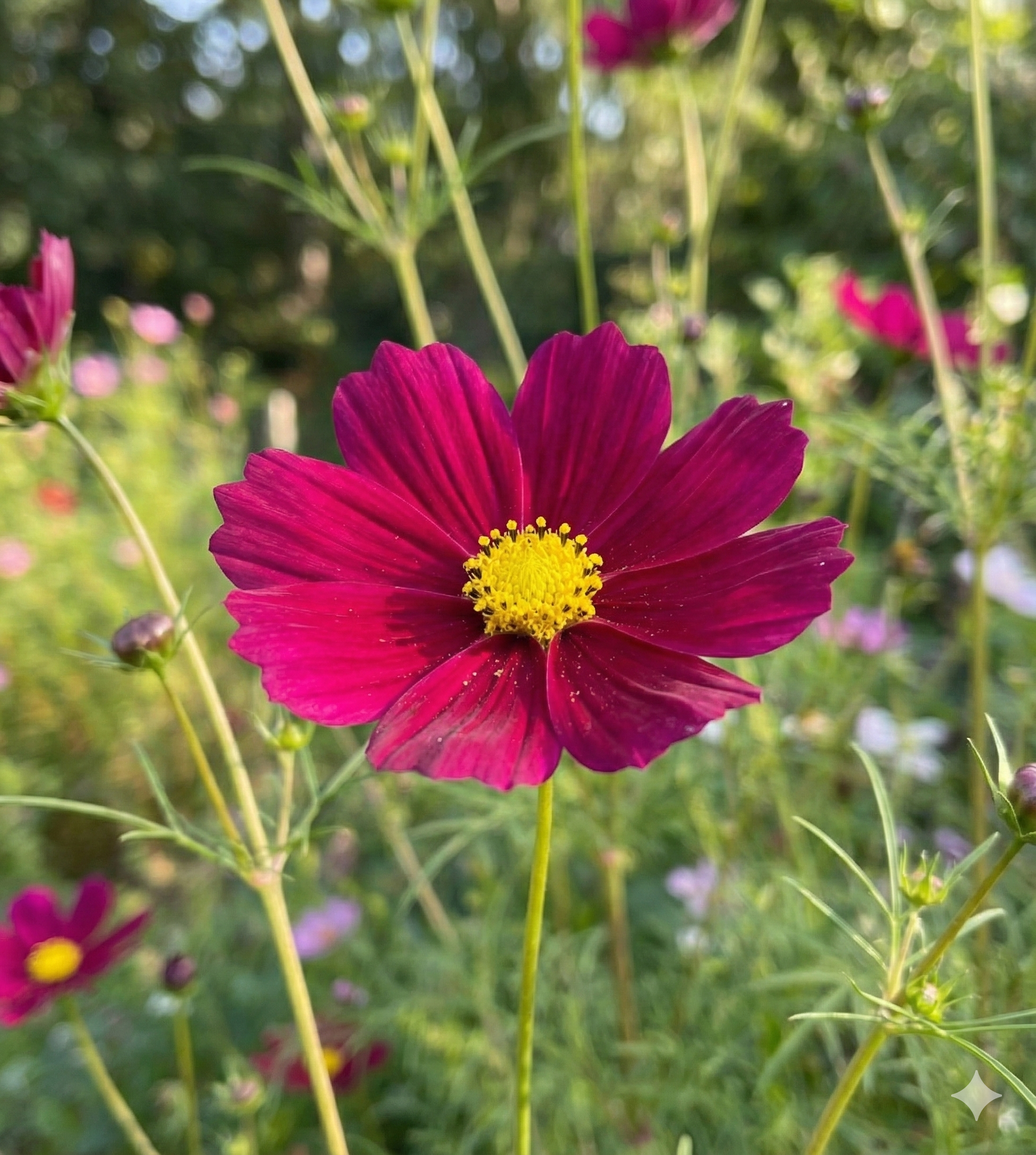 Close-up of a vibrant pink flower with a yellow center in a field of similar flowers.