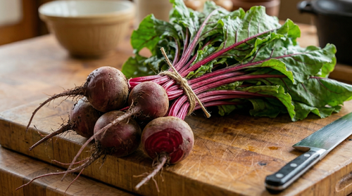 Beetroot Boltardy – bunch of freshly pulled beetroot with leafy tops on a wooden board