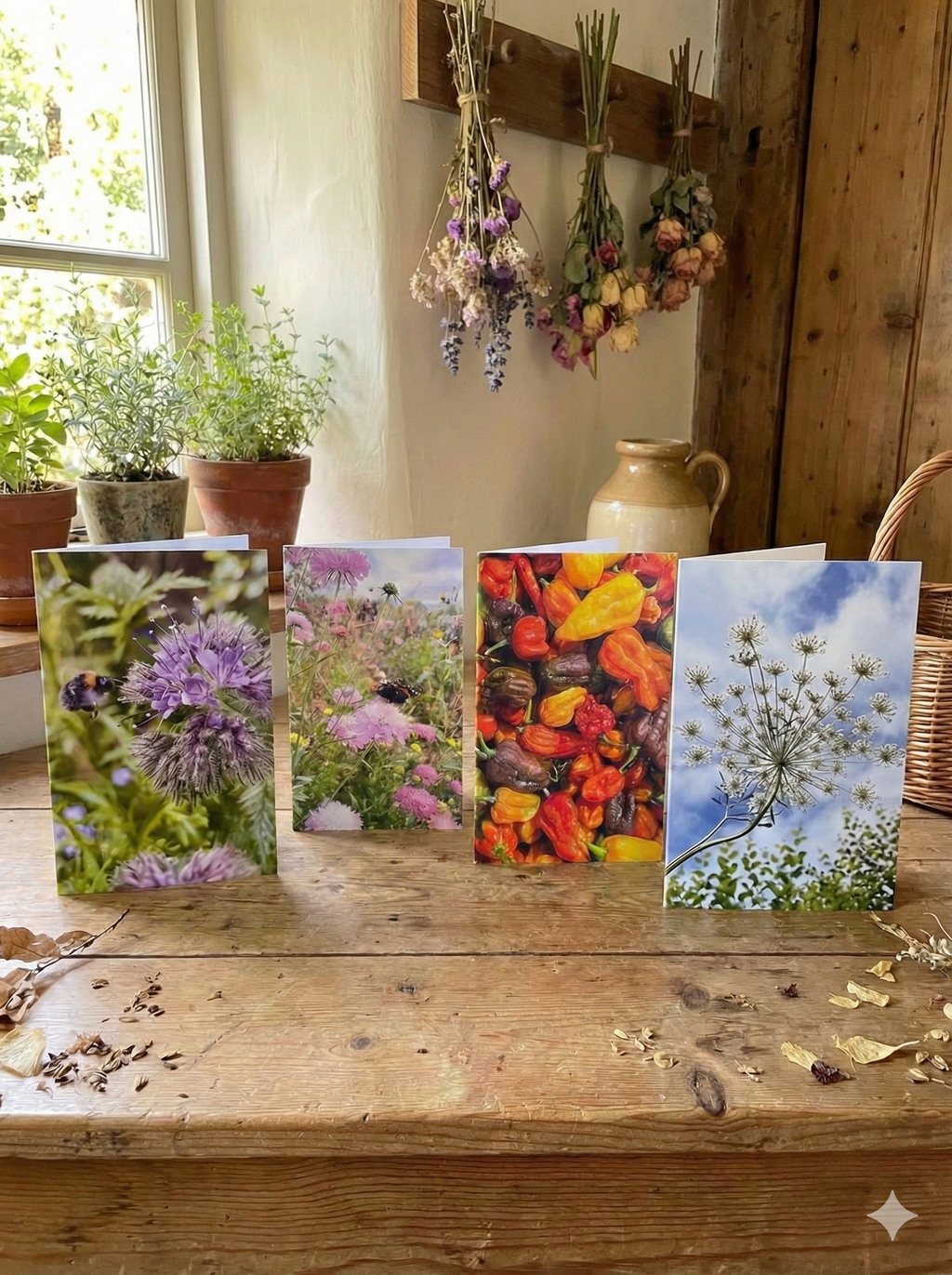Collection of Four Greeting Cards on a rustic table with dried flowers and potted plants