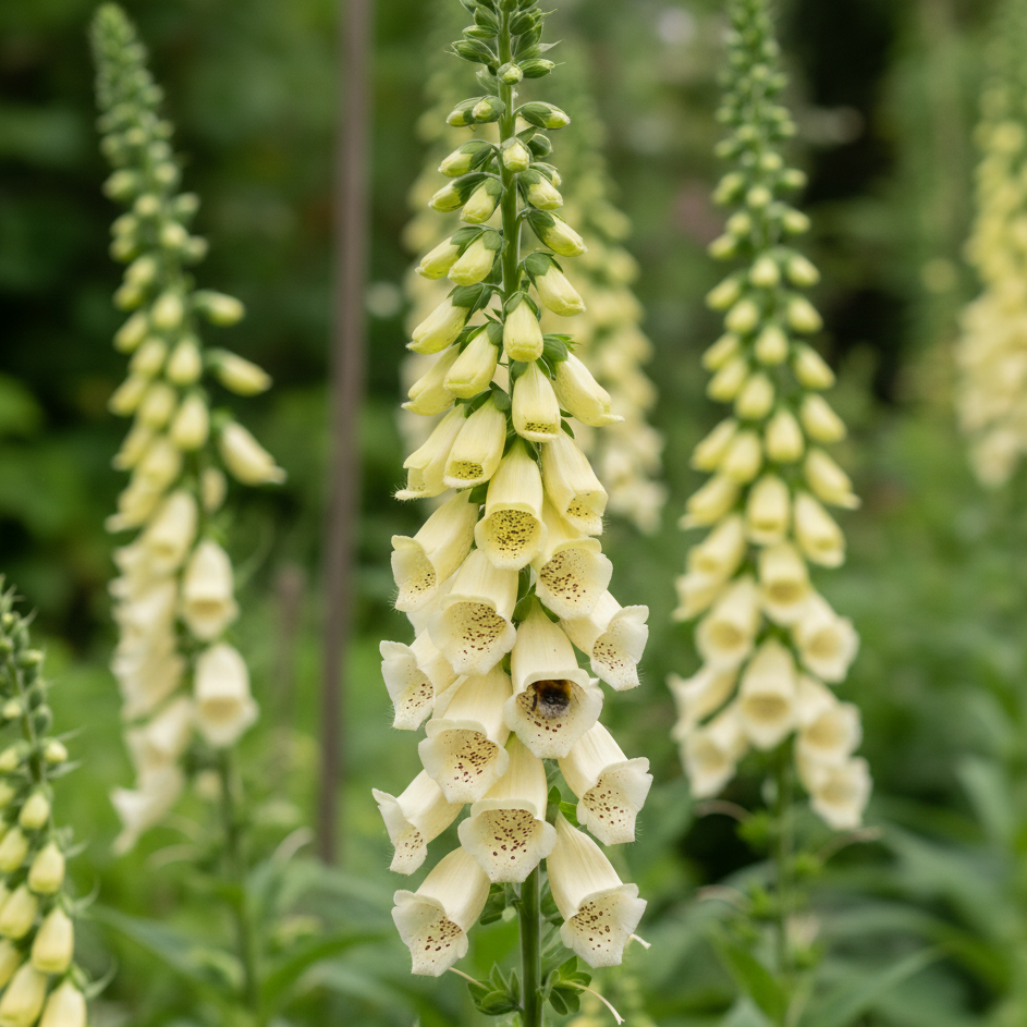 Tall spikes of creamy-lemon Foxglove Primrose Yellow from Bishy Barnabees Cottage Garden bloom among lush green foliage, as a bee explores a delicate bell-shaped flower and more foxgloves blur in the background.
