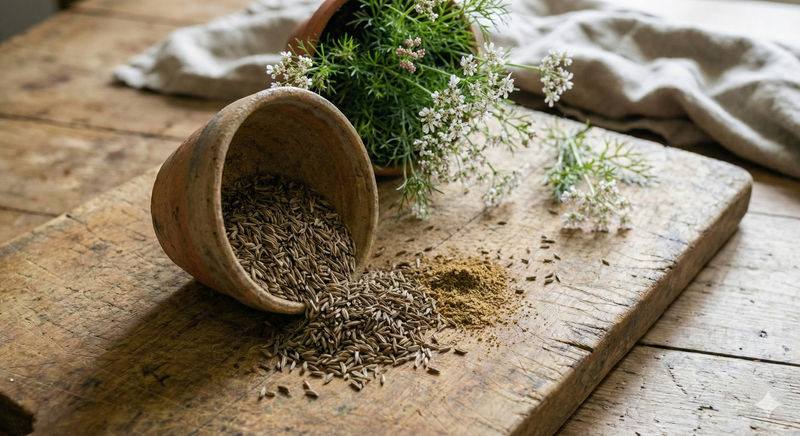 Bowl of dried herbs on a wooden surface with a natural linen cloth in the background