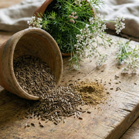 Bowl of dried herbs on a wooden surface with a natural linen cloth in the background