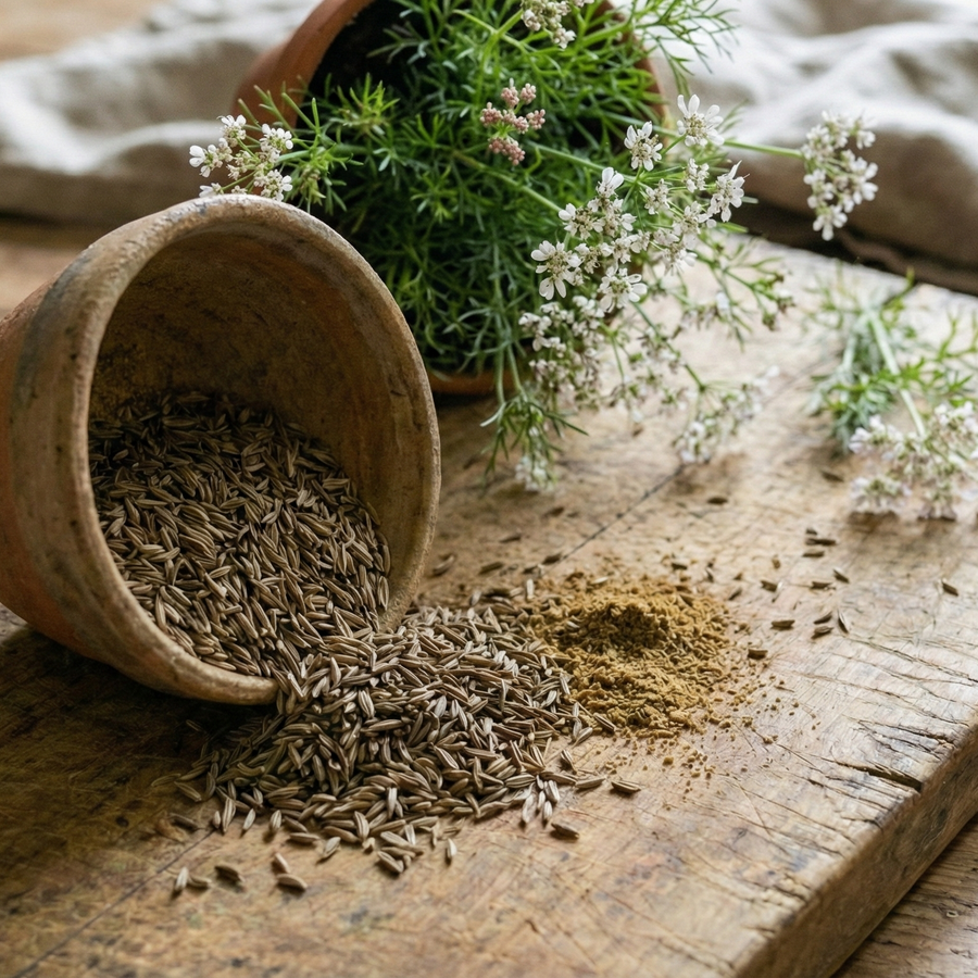 Bowl of dried herbs on a wooden surface with a natural linen cloth in the background