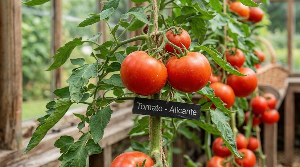 Tomato Alicante plants laden with red fruit beside a labelled plant marker