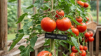 Tomato Alicante plants laden with red fruit beside a labelled plant marker