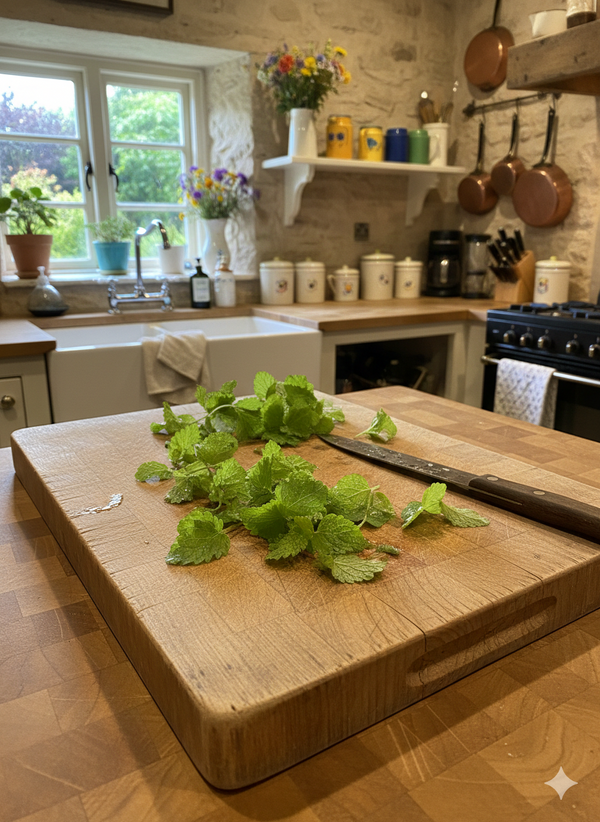 A Bishy Barnabees Cottage Garden Lemon Balm cutting board with fresh herbs and a knife sits on the kitchen counter; behind it are a farmhouse sink, potted plants, shelves of jars, and copper pans.