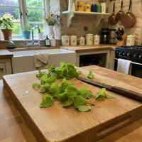 A Bishy Barnabees Cottage Garden Lemon Balm cutting board with fresh herbs and a knife sits on the kitchen counter; behind it are a farmhouse sink, potted plants, shelves of jars, and copper pans.