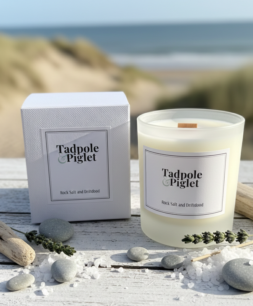A Tadpole & Piglet Rock Salt & Driftwood Scented Candle with a wooden wick sits by its box on a white surface, surrounded by sea salt, driftwood, stones, and lavender, evoking sand dunes and ocean for a coastal-inspired aroma.