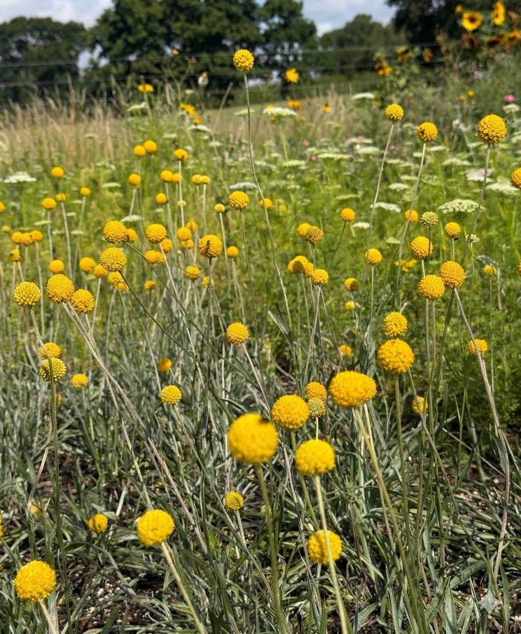Craspedia Drumstick by Bishy Barnabees Cottage Garden features yellow, round blooms on tall stems, ideal for dried flower arrangements. The flowers stand among green grass and white wildflowers with trees in the background.