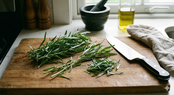 Tarragon Russian by Bishy Barnabees Cottage Garden is being chopped on a wooden cutting board, with a knife, kitchen towel, olive oil bottle, and mortar and pestle nearby on a kitchen counter by a window.