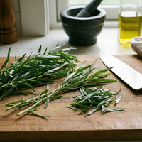 Tarragon Russian by Bishy Barnabees Cottage Garden is being chopped on a wooden cutting board, with a knife, kitchen towel, olive oil bottle, and mortar and pestle nearby on a kitchen counter by a window.