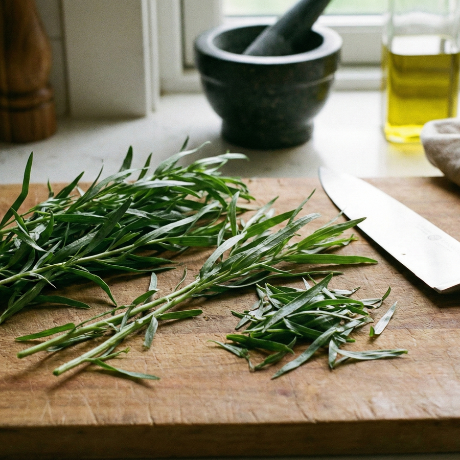 Tarragon Russian by Bishy Barnabees Cottage Garden is being chopped on a wooden cutting board, with a knife, kitchen towel, olive oil bottle, and mortar and pestle nearby on a kitchen counter by a window.