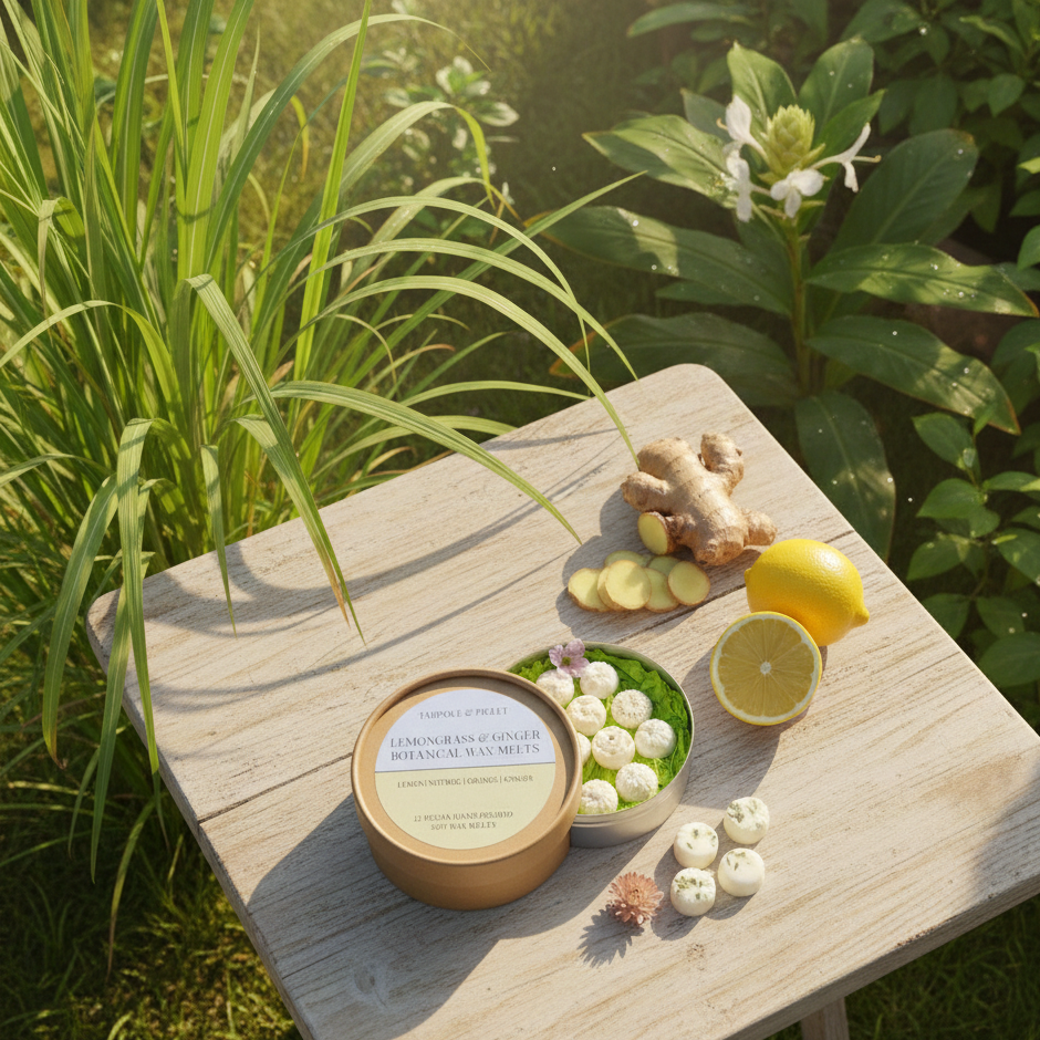 A wooden table outdoors showcases Tadpole & Piglet's Lemongrass & Ginger Botanical Wax Melts, a sliced lemon, ginger root, and melts on a plate, all surrounded by lush green plants and sunlight.