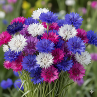 A vibrant bouquet of Cornflower Polka Dot Mixed by Bishy Barnabees Cottage Garden Ltd features blue, purple, pink, and white blooms with green stems set against a blurred cottage garden backdrop with similar flowers.