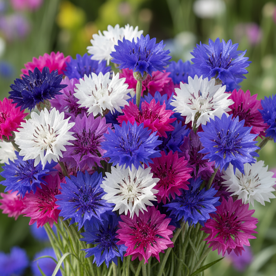 Cornflower Polka Dot Mixed bouquet of blue, purple, pink and white blooms with green stems