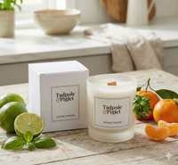 A Tadpole & Piglet Lime, Basil & Mandarin Scented Candle rests beside its box on a wooden table with fresh limes, basil, and mandarins in a bright kitchen setting.