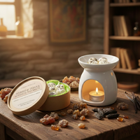 A wooden table displays Tadpole & Piglet Myrrh & Tonka Botanical Wax Melts beside a white ceramic wax melter with a lit tealight, while sunlight streams through a rustic window in the background.