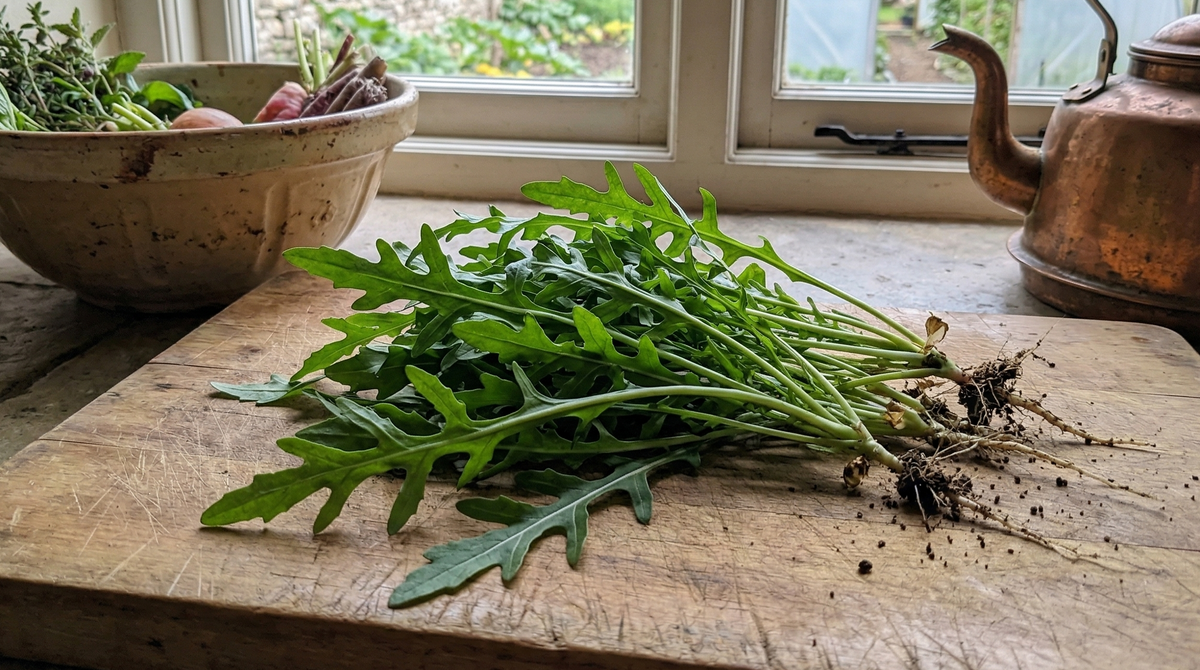 A bunch of freshly harvested Rocket Wild from Bishy Barnabees Cottage Garden Ltd with roots and soil sits on a wooden cutting board in a rustic kitchen, with vegetables and a copper kettle near a bright window.
