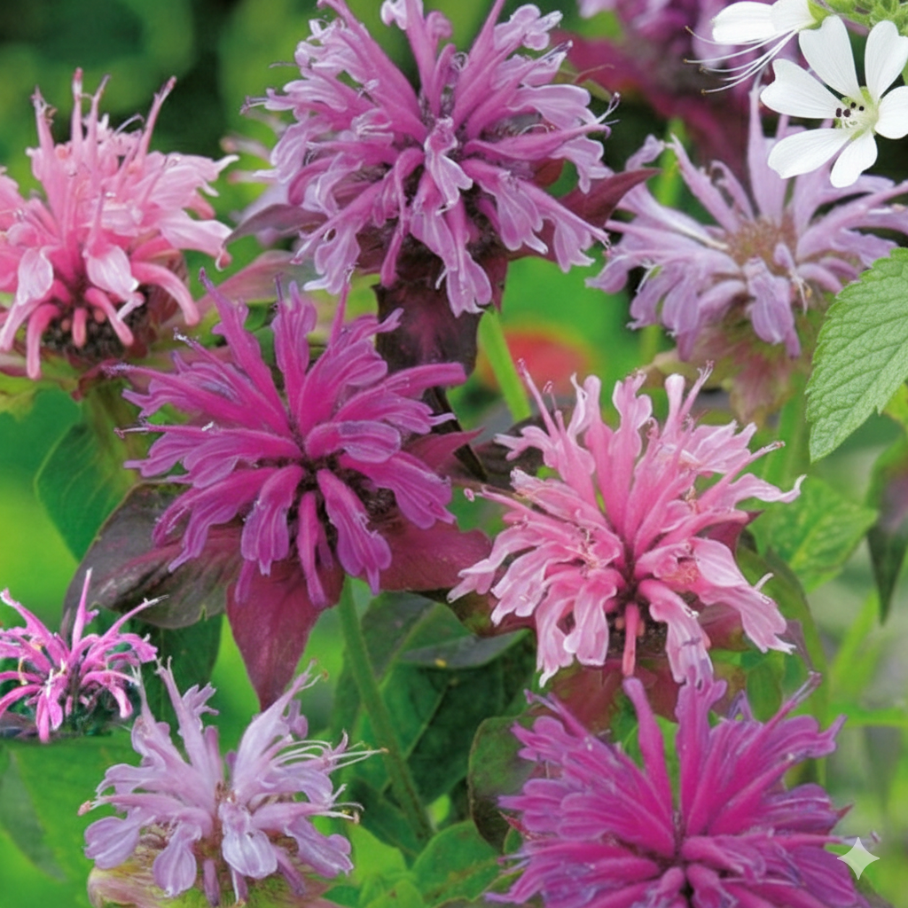 Monarda didyma Mixed by Bishy Barnabees Cottage Garden Ltd features clusters of pink and purple blooms with spiky petals and green leaves, adding vibrant color to your garden as a hardy perennial.