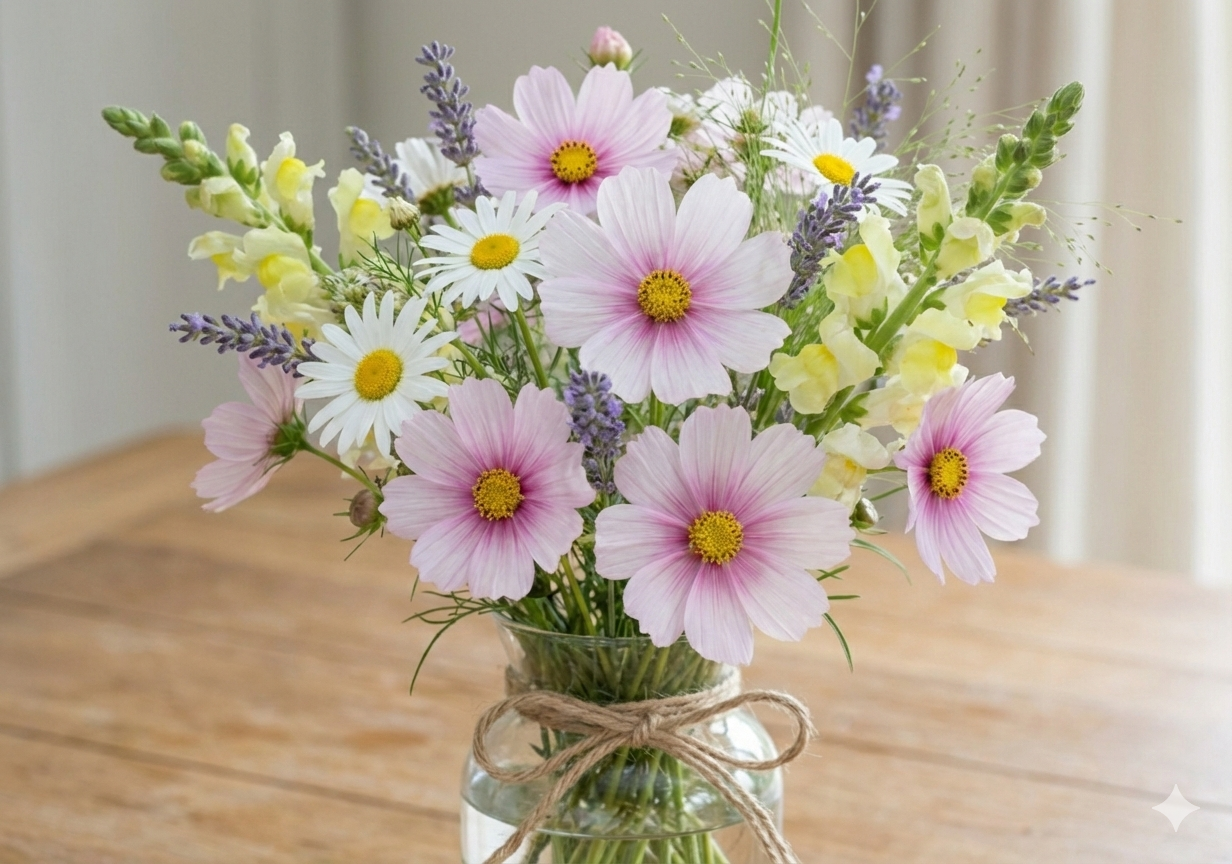 Bouquet of flowers in a glass jar on a wooden table including cosmos daydream