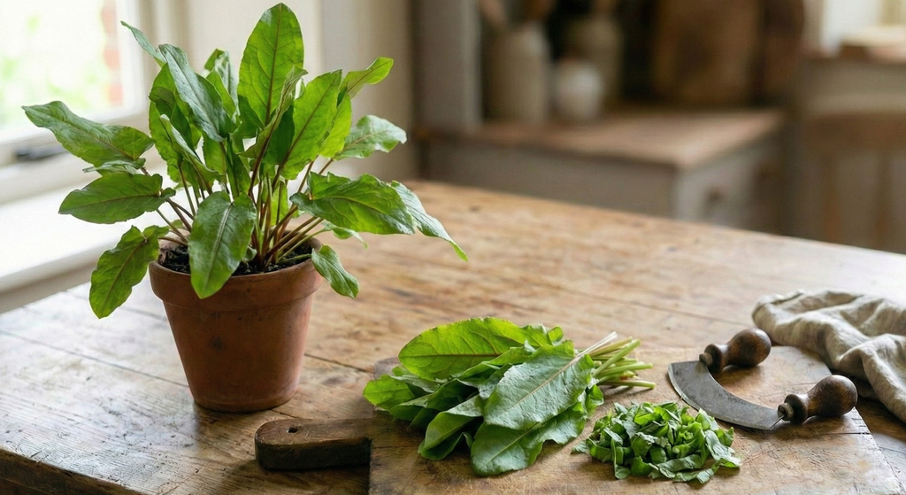 Pot of Sorrel French Green De Belleville by a board of fresh leaves in a sunlit kitchen
