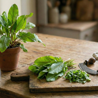 A pot of Sorrel French Green De Belleville from Bishy Barnabees Cottage Garden Ltd sits on a rustic wooden table beside a cutting board with fresh leaves, a curved herb chopper, and a beige cloth in a sunlit, cozy kitchen.