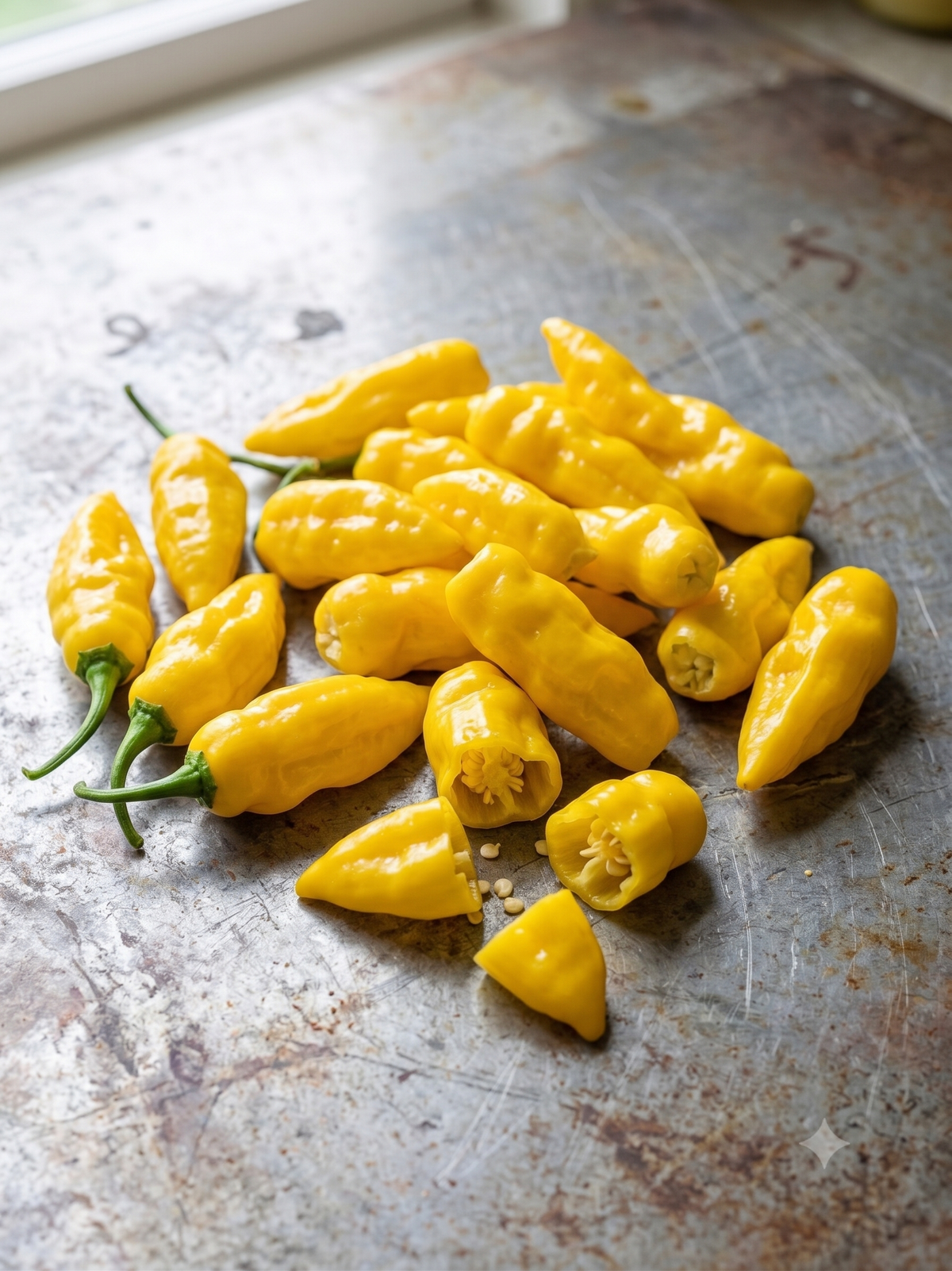 Yellow peppers on a rusty metal surface