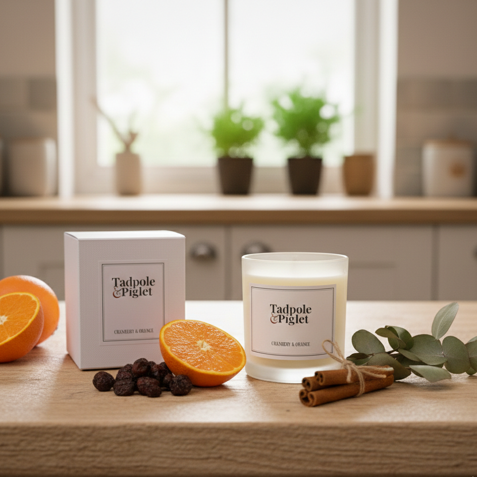 The Tadpole & Piglet Cranberry & Orange Scented Candle sits by its box on a kitchen counter, surrounded by sliced orange, dried berries, cinnamon sticks, and eucalyptus in a bright kitchen.