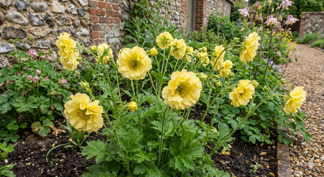 Geum Lady Stratheden in a garden with a stone wall in the background