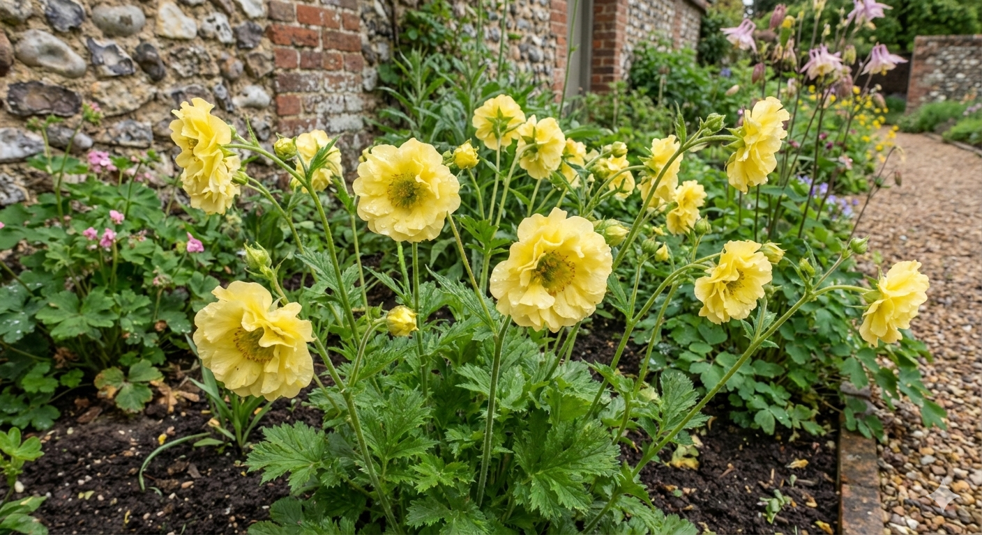 Geum Lady Stratheden in a garden with a stone wall in the background