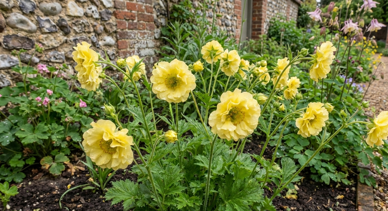 Geum Lady Stratheden by Bishy Barnabees Cottage Garden Ltd features clusters of yellow semi-double flowers among green foliage—perfect for adding charm to any cottage garden perennial bed.