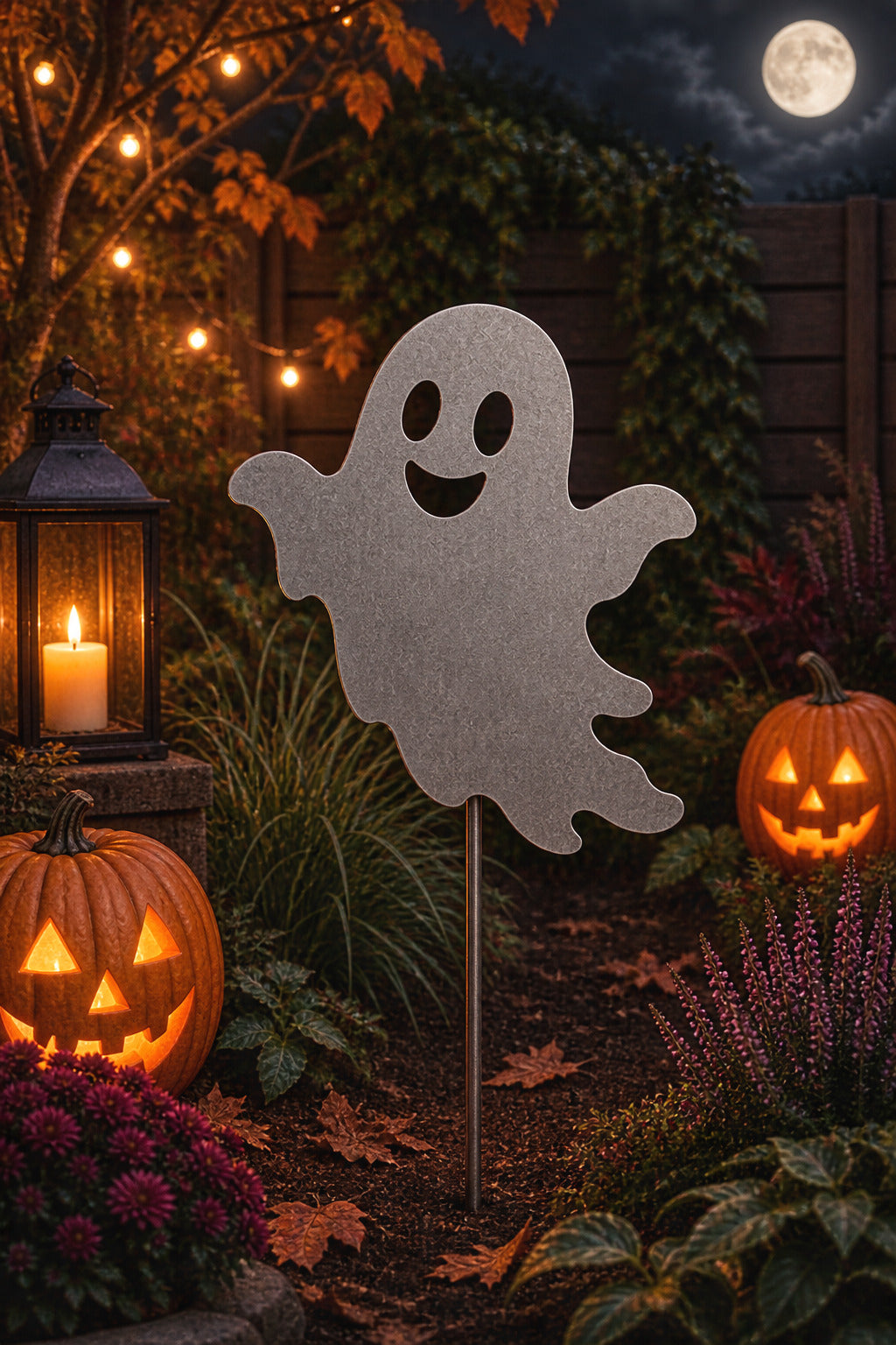 Metal ghost garden stake in a Halloween garden with pumpkins