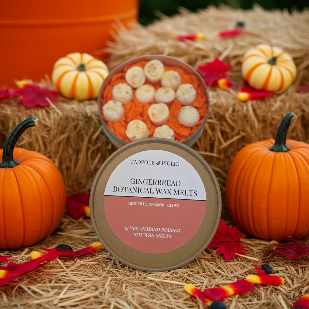 A round tin of Tadpole & Piglet Gingerbread Botanical Wax Melts sits on hay among pumpkins, mini gourds, and autumn leaves. The open tin displays decorative, hand-poured wax melts inside.