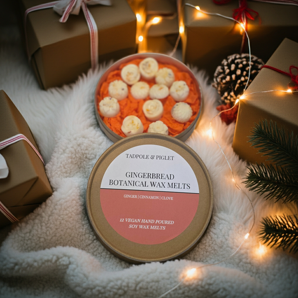A tin of Tadpole & Piglet Gingerbread Botanical Wax Melts rests on a soft white blanket, surrounded by gifts, pinecones, fairy lights, and pine, evoking a warm and festive holiday mood.