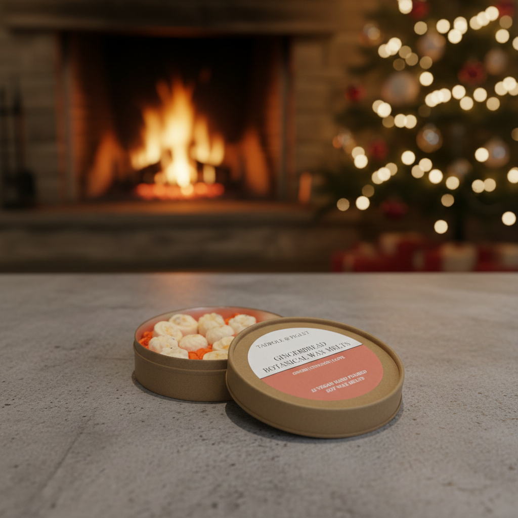 A round tin of assorted popcorn sits open on a stone surface, while Tadpole & Piglet Gingerbread Botanical Wax Melts fill the air with a warm scent. In the background, a glowing fireplace and decorated Christmas tree create cozy holiday vibes.