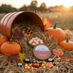 A tipped-over orange bucket spills assorted Halloween candies, Tadpole & Piglet Gingerbread Botanical Wax Melts, and autumn leaves onto straw, surrounded by small pumpkins in an outdoor field at sunset.