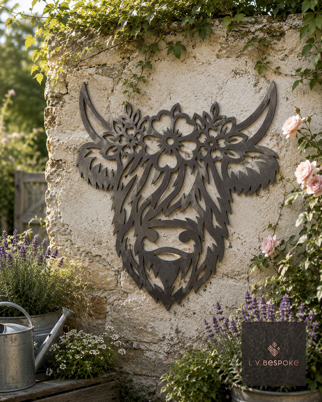 Metal Highland cow head with flower crown wall art on a garden wall