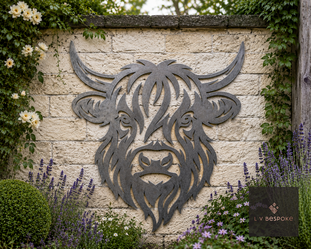 Metal Highland cow head wall art on a stone wall
