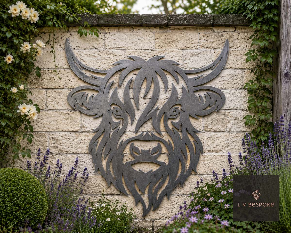 Metal Highland cow head wall art on a stone wall