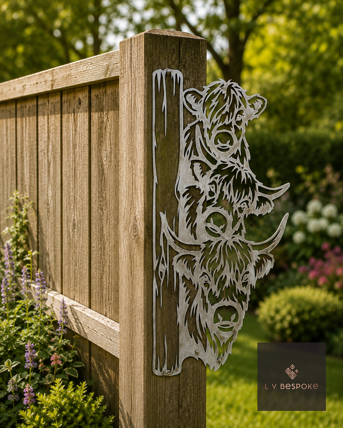 Metal Highland cow peeking round a wooden fence post