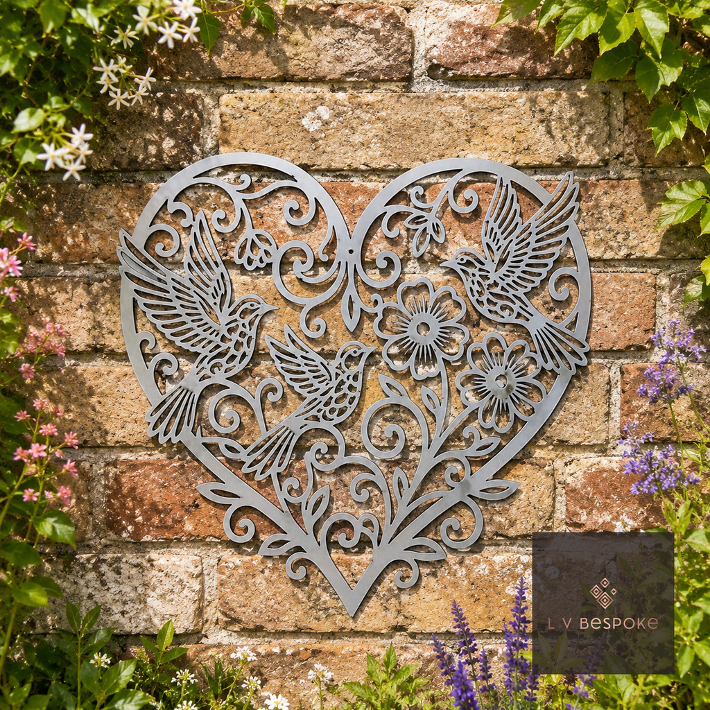 Metal heart wall art with hummingbirds and flowers on a brick wall