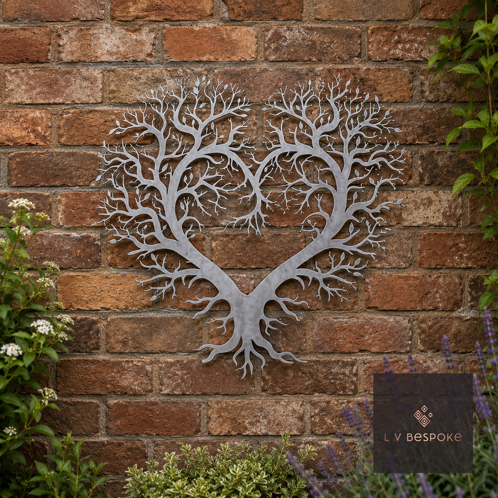 Metal heart-shaped tree wall art on a brick wall