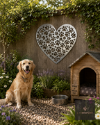 Metal heart with paw prints wall art above a dog kennel with a golden retriever