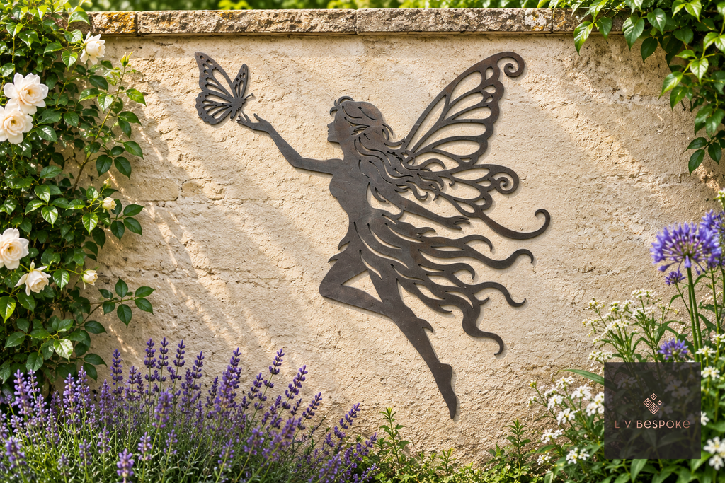 Metal fairy with a butterfly wall art on a garden wall