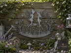 Metal fairies and flowers wall art on a wooden fence
