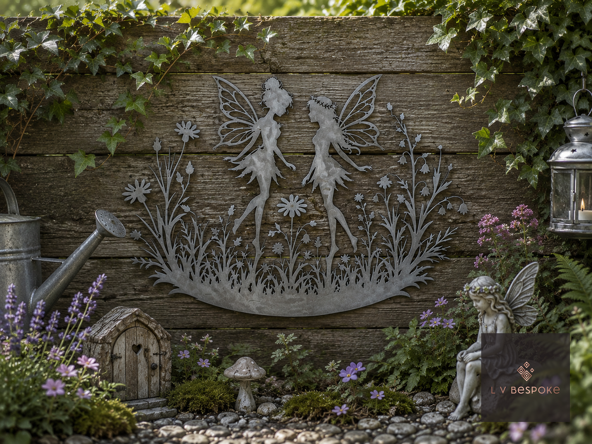 Metal fairies and flowers wall art on a wooden fence