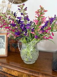 A clear glass pitcher holds fresh purple and pink flowers—possibly grown from Bishy Barnabees Cottage Garden's Penstemon Cambridge Mix—displayed on a wooden table with a framed sketch and decorative boxes behind.