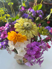 The Zinnia Green Envy bouquet from Bishy Barnabees Cottage Garden features vibrant heirloom Zinnias and chartreuse-lime green blooms in a glass vase, set against soft, sunlit green foliage.