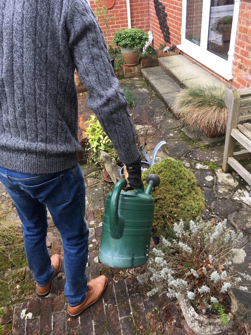 A person in a gray sweater and blue jeans stands on a stone patio by potted plants, holding a green watering can as they prepare to use ladybirdplantcare.co.uk Slug Control Nematodes 100 sqm for effective slug management.